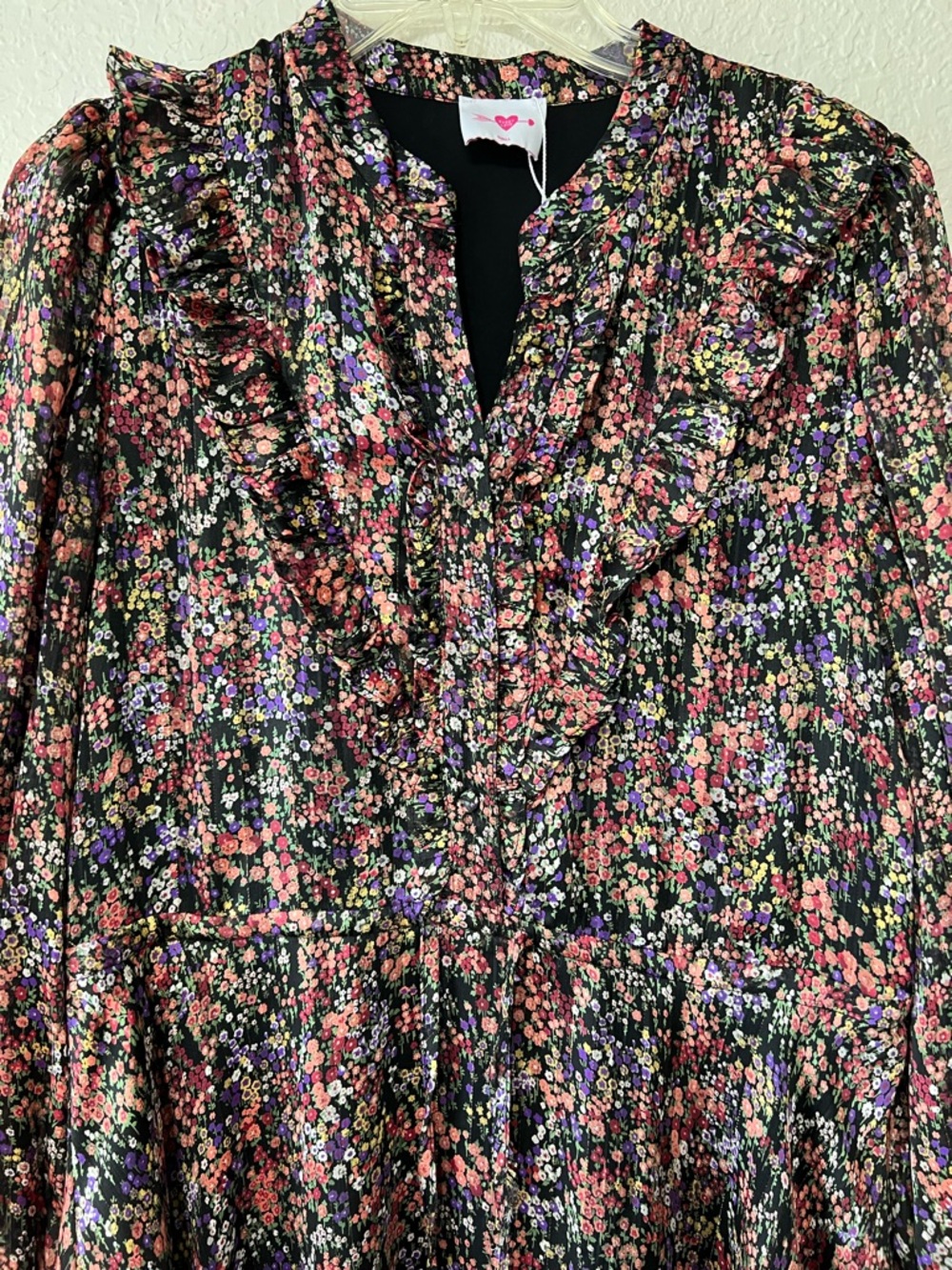 Buddy Love Celia Floral Sm Mini Dress Sheer Long Sleeve Tie Waist Ruffles NWOT - Picture 3 of 6